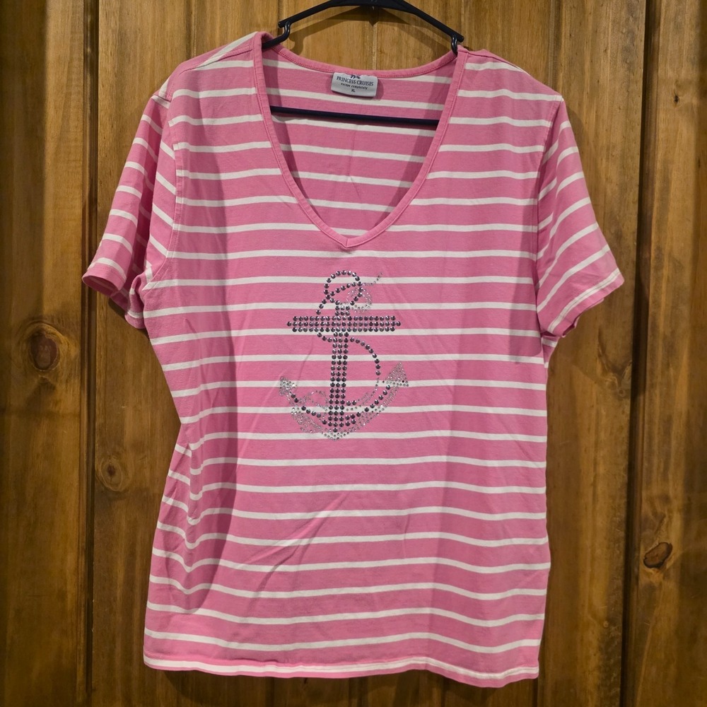 Princess Cruises T-Shirt Womens XL Pink White Striped Anchor‎ Rhinestone V Neck